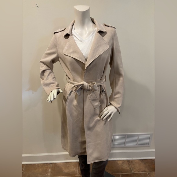 Tahari Jackets & Blazers - Tahari Light Beige Faux Leather Trench Coat with Waist Tie, Size Medium